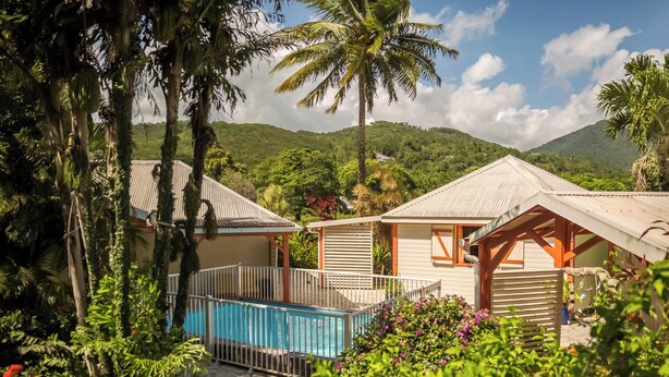 A resort with a pool, surrounded by lush greenery and palm trees, with mountains in the background. - G îte Ixora 4/6 pers in the residence Les Jardins de Pointe Noire, swimming pool (pointe noire)