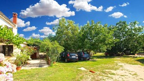 A residential area with a house, parked cars, and a garden.