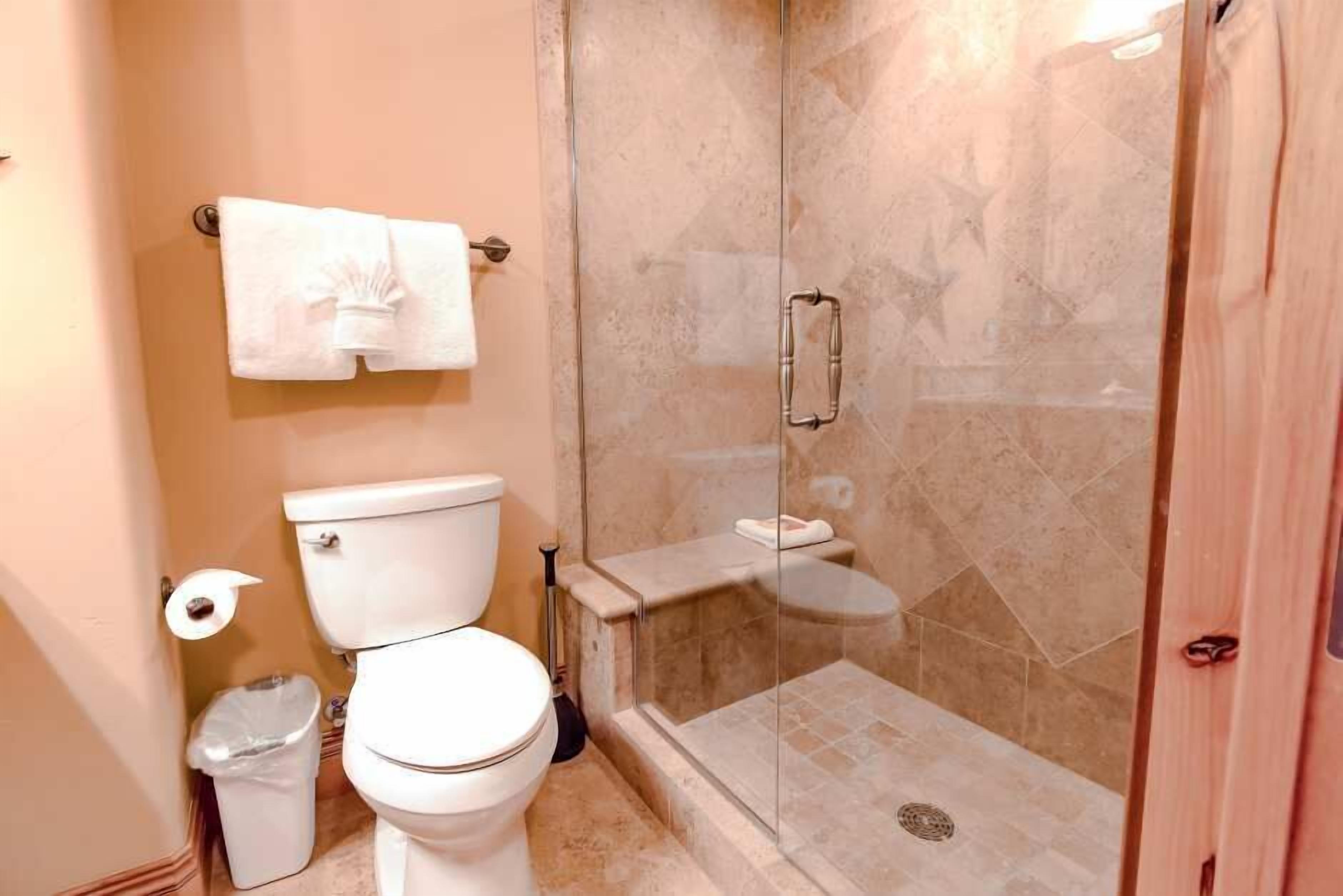 Ein Badezimmer mit Toilette, einer Duschkabine und einem Handtuchhalter.