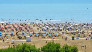 Una playa concurrida con numerosos paraguas y gente disfrutando del mar.