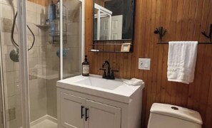 Un baño con cabina de ducha de vidrio, un lavamanos blanco con espejo y un inodoro.