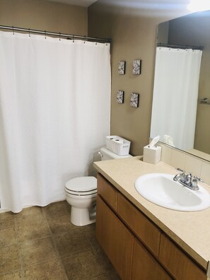 Combined shower/tub, hair dryer, towels, soap