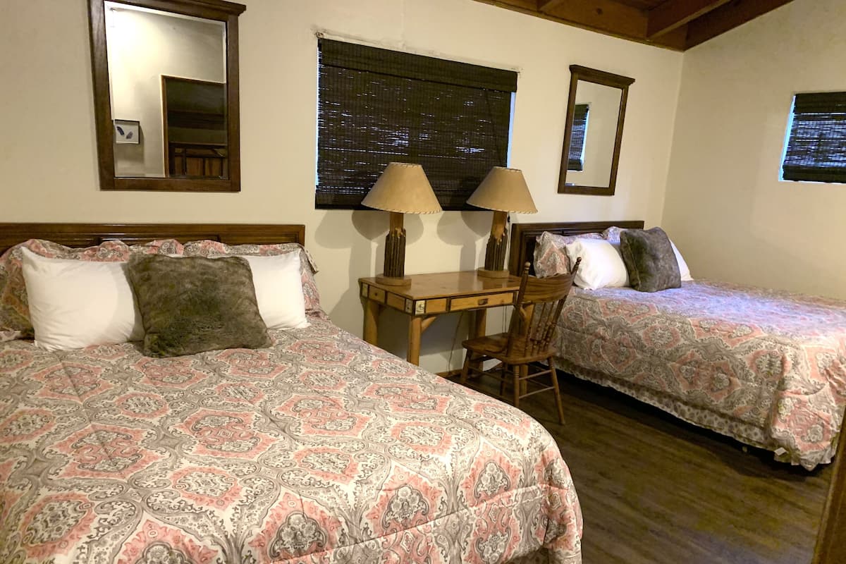 A bedroom with two beds, a desk, and a chair.