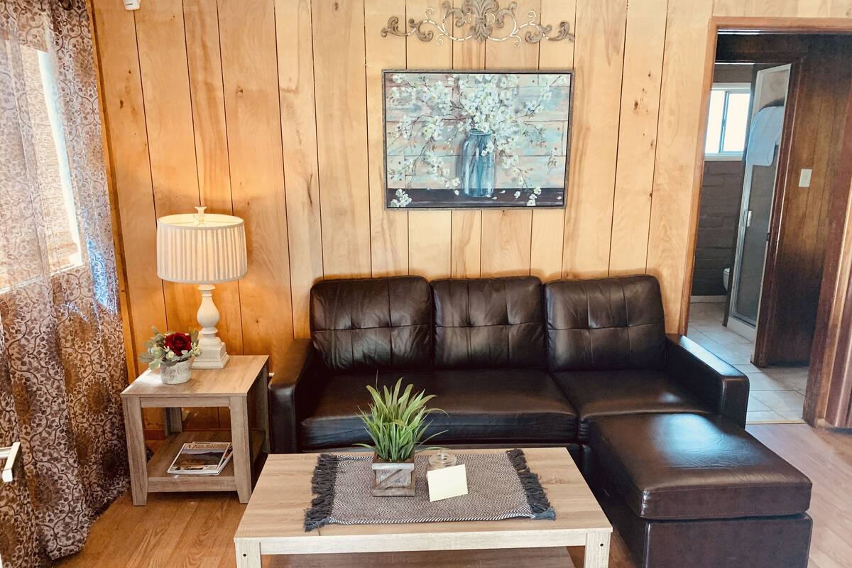 A living room with a black leather sofa, a wooden coffee table with a plant, a lamp, and a painting on the wall.