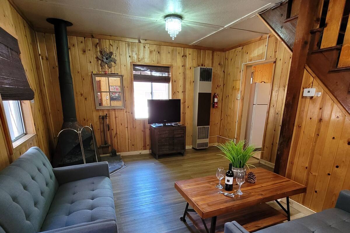 A cozy cabin interior with a sofa, a wooden table with a plant, and a fireplace.