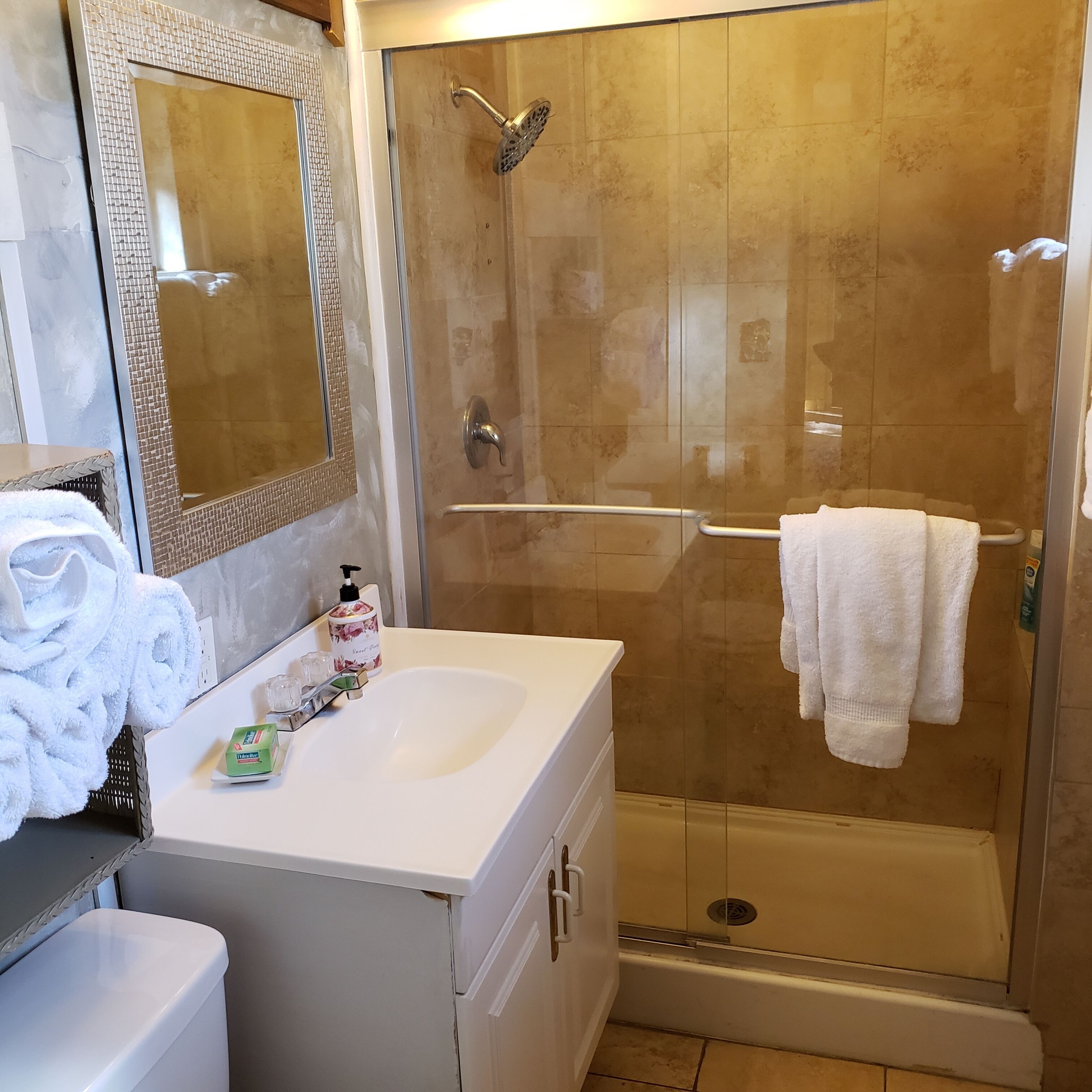 A bathroom with a glass-enclosed shower, a white sink, and a mirror above it.
