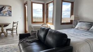 Une chambre à coucher comprenant un lit, un canapé en cuir, un bureau et une chaise. Deux fenêtres offrent une vue sur le paysage.