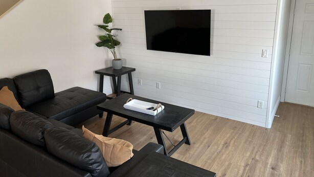 A modern living room with a black leather sofa, a small black table, a potted plant, and a mounted TV on a white paneled wall.