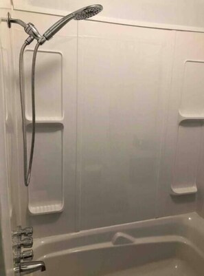 Hair dryer, towels, soap, shampoo