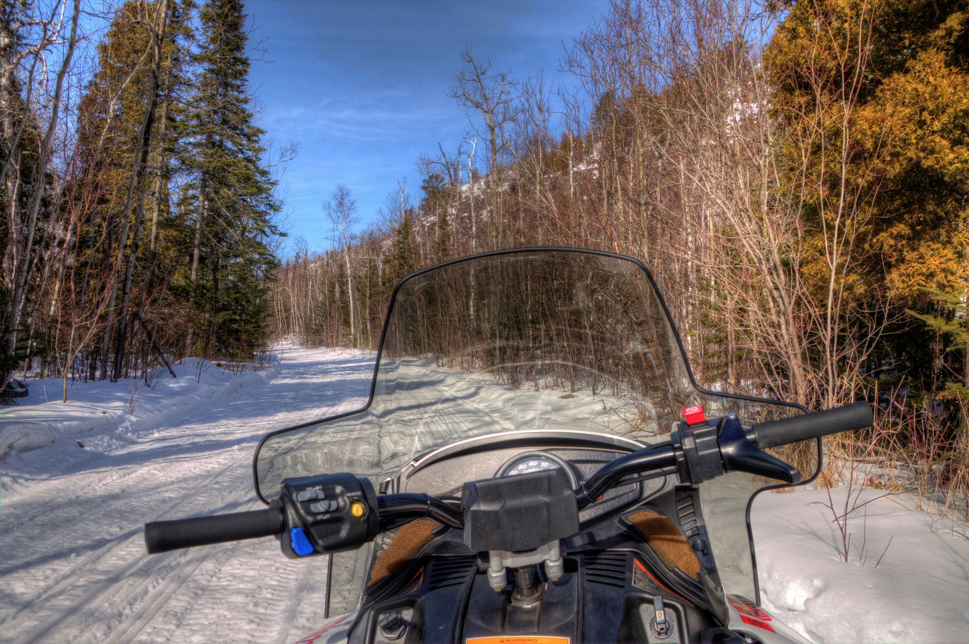 A snow-covered road with trees on both sides.