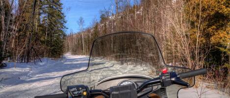 A snow-covered road with trees on both sides.