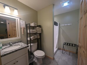 Shower, hair dryer, towels, soap
