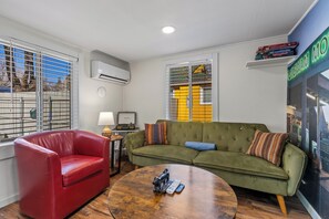 Smart TV, lareira, livros, biblioteca musical