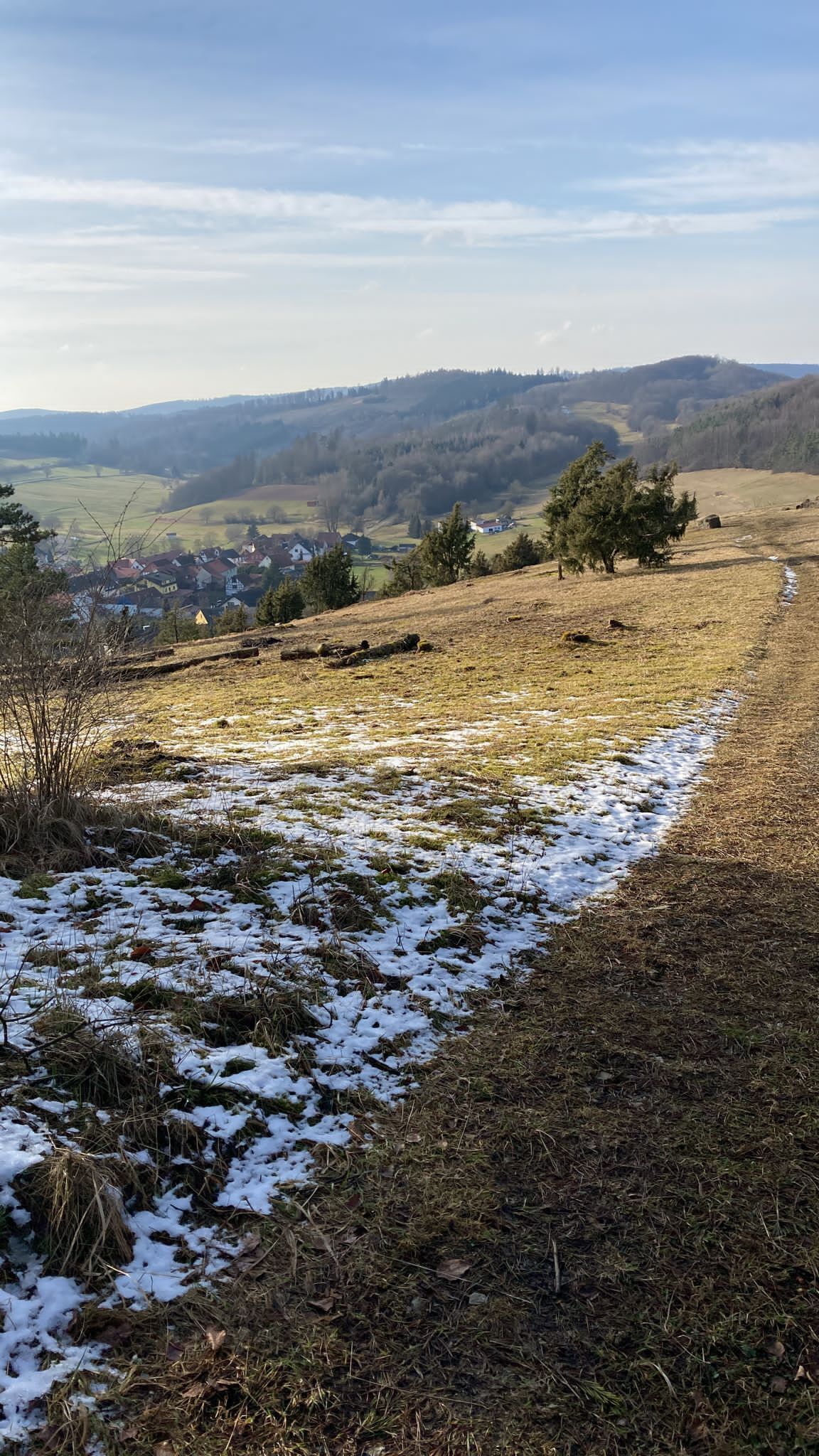 A rural landscape with a snow-covered path, houses in the distance, and rolling hills.