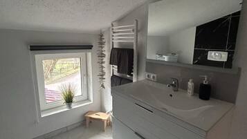 Shower, hair dryer, towels, toilet paper