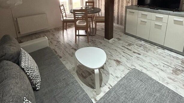 A living room with a sofa, a small round table, a dining table with chairs, a TV on a cabinet, and a window with a view.