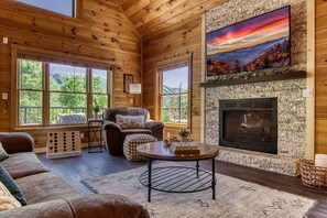 Een flatscreentelevisie, een open haard, videogames en een dvd-speler