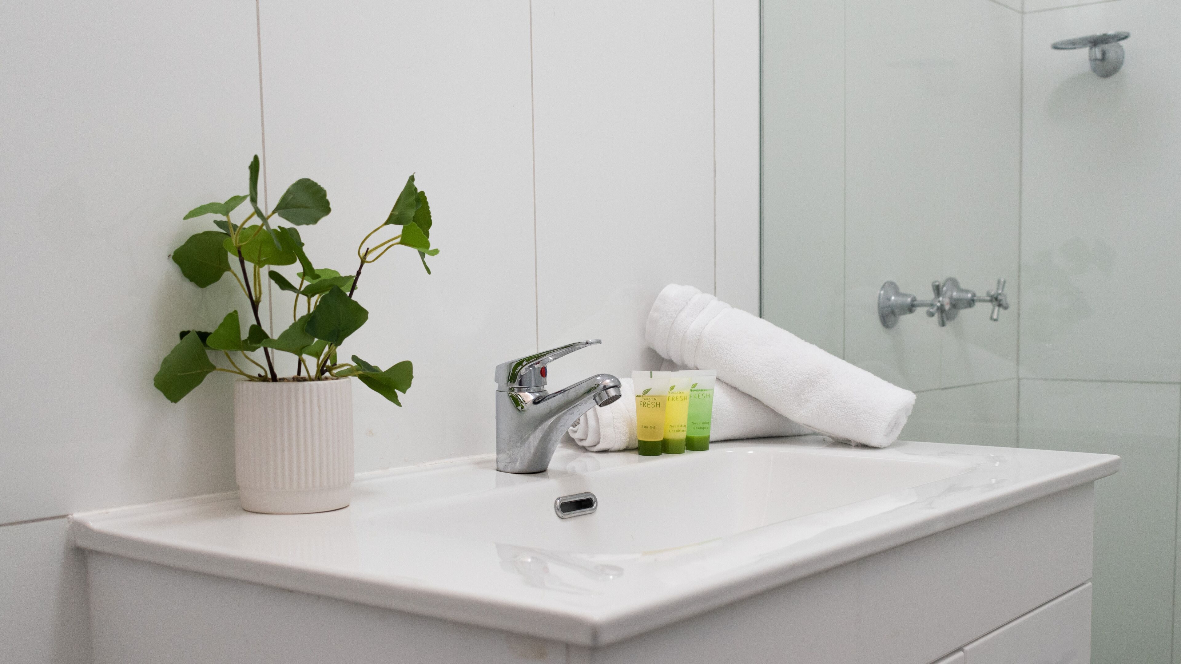 Un baño con un lavabo blanco, una llave moderna, una planta en maceta y artículos de aseo.