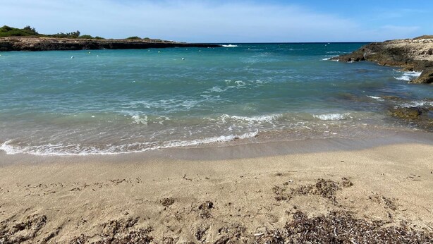 Una playa con aguas cristalinas, orilla arenosa y afloramientos rocosos.