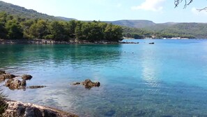 A clear lake with rocky shores and a forested hillside in the background.