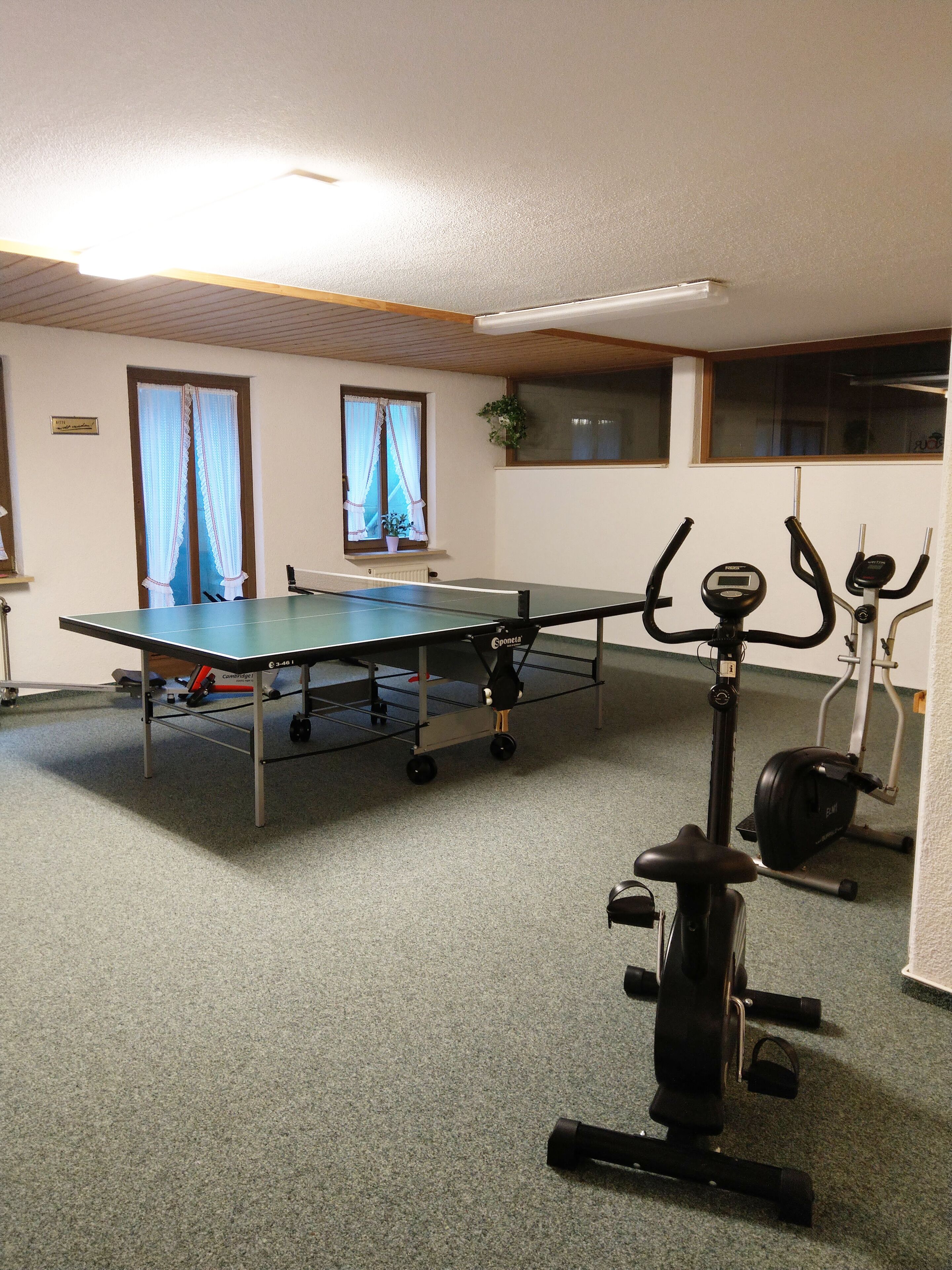 A room with a ping pong table, an exercise bike, and a treadmill.