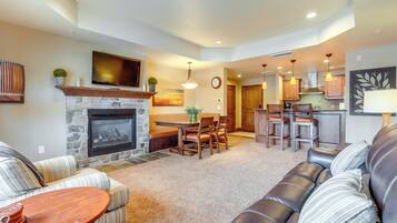 TV, fireplace, books