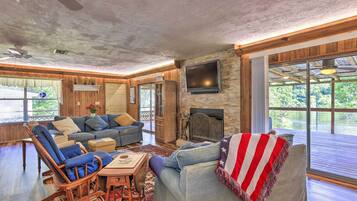 TV, fireplace, books