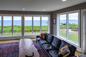 TV, fireplace, books, stereo
