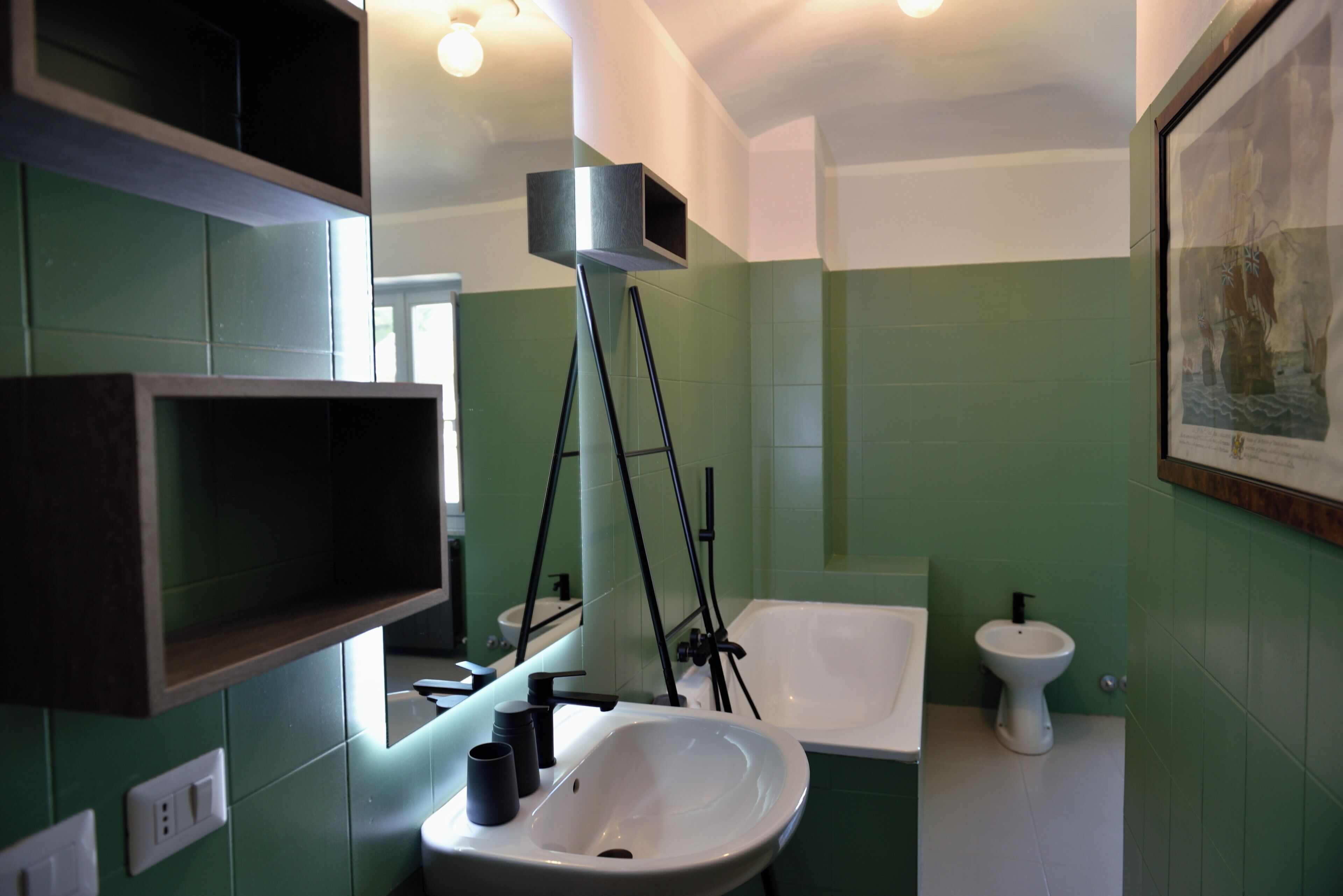 Shower, bidet, soap, toilet paper