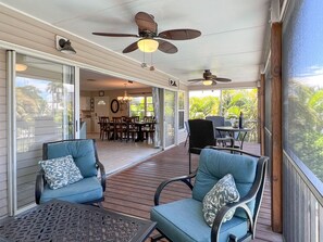 Outdoor dining - New to Market! Private Paradise w/Pool & Spa, Near Desired Times Square Area, Restaurants, Beach! (Fort Myers Beach)
