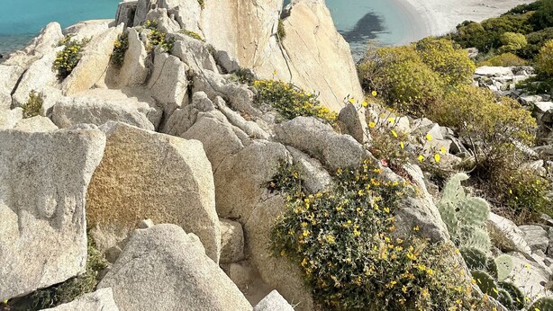 Un paisaje costero con una formación rocosa destacada, una playa arenosa y un fondo de colinas.