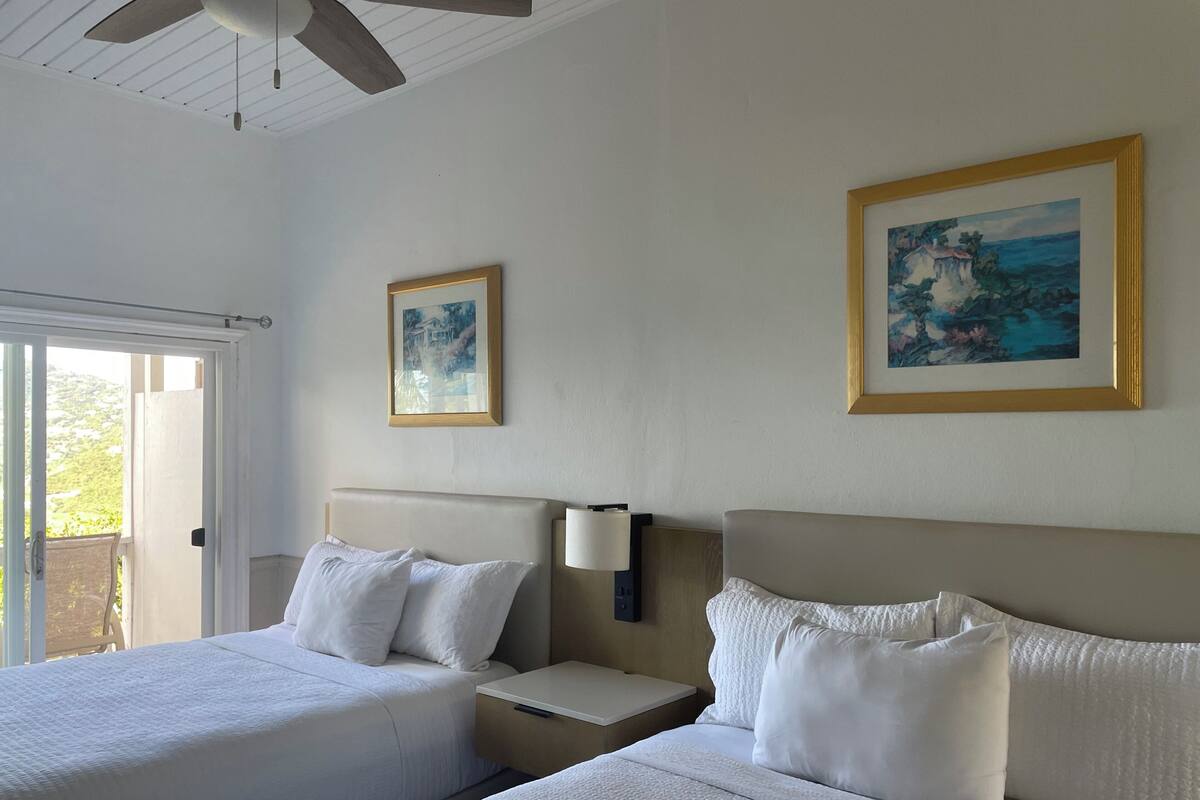 Habitación de hotel con dos camas, un ventilador de techo, una ventana con vistas y dos cuadros en la pared.
