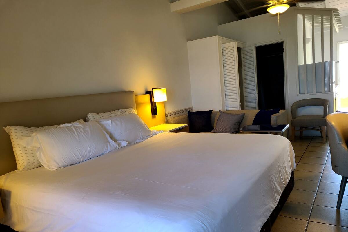 Habitación de hotel con una cama grande, una mesita de noche con lámpara, una silla y un armario.