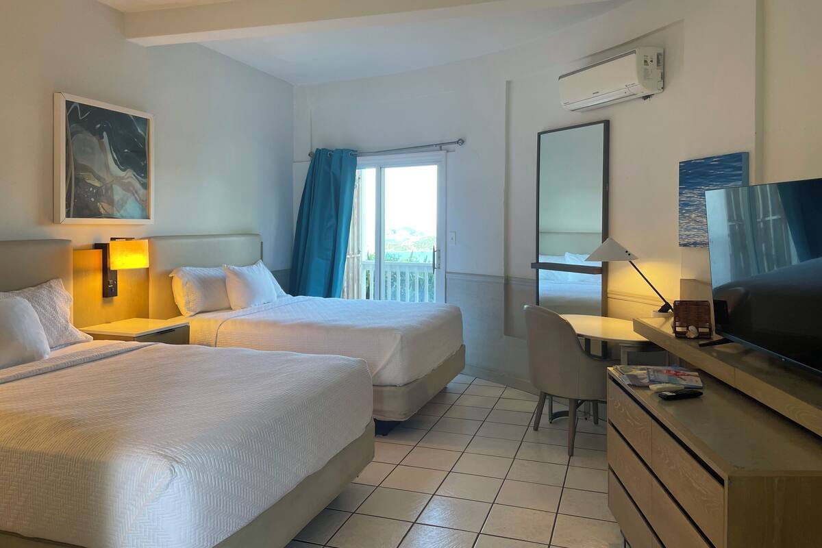 Habitación de hotel con dos camas, un escritorio con una silla, televisión, aire acondicionado y balcón con vistas.