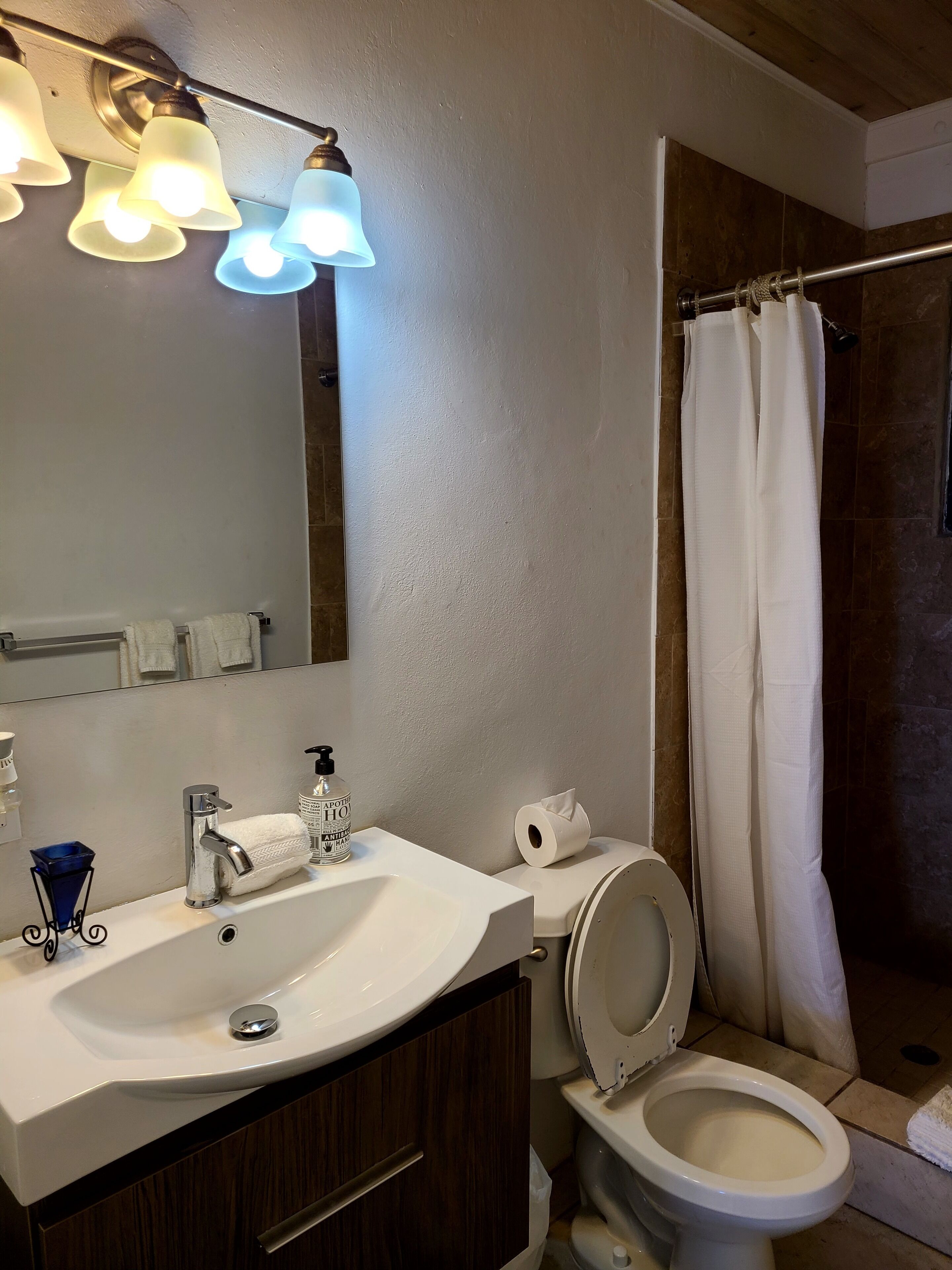 A bathroom with a white sink, a mirror, a toilet, and a shower curtain.