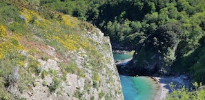 Surrounded by lush greenery, this serene landscape features a rugged cliff overlooking a tranquil river and sandy beach.