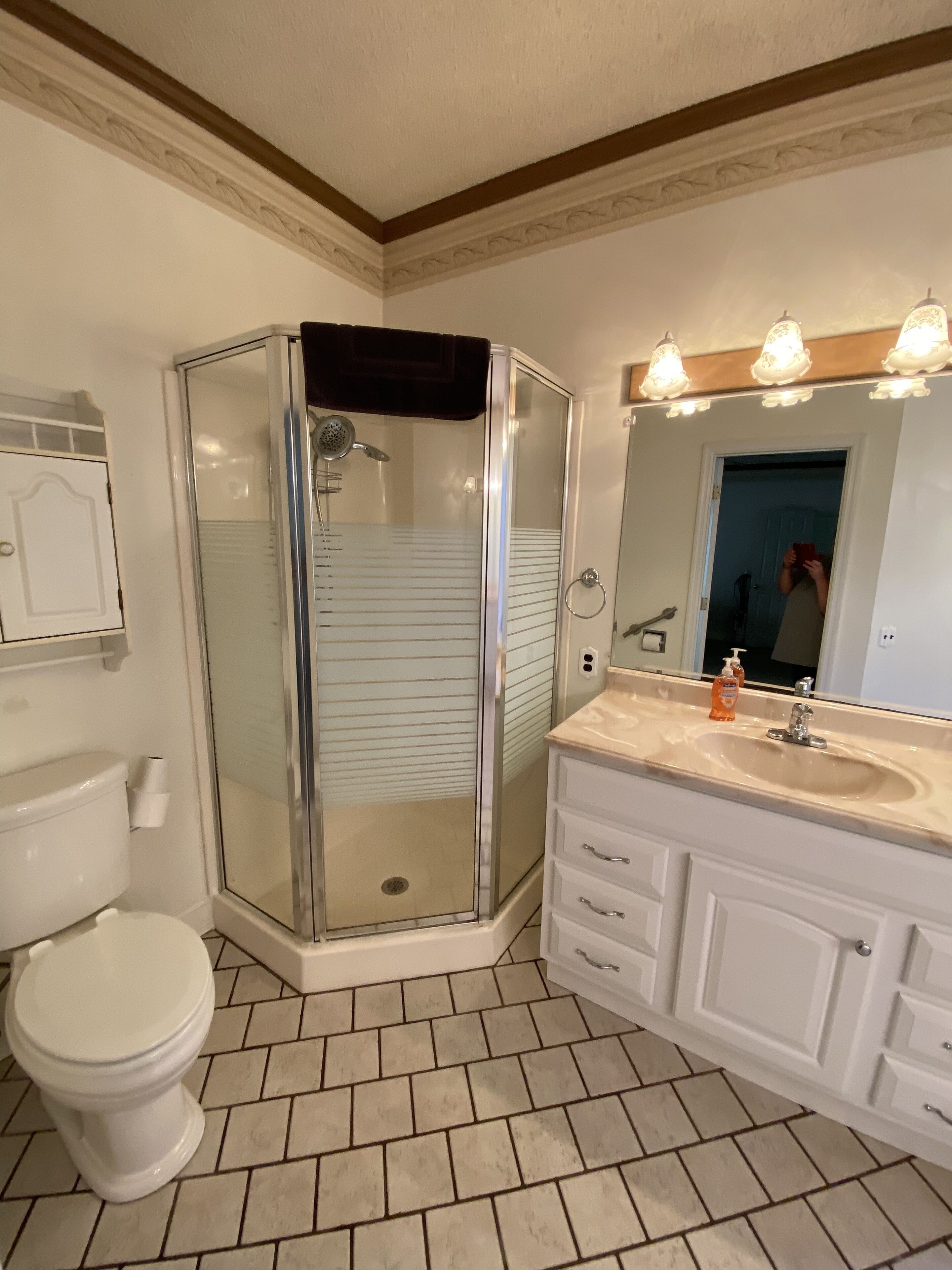 Primary bedroom bath. Shower and jetted tub. 