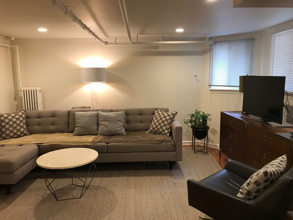 A modern living room with a sofa, a coffee table, a TV, and a potted plant. - Comfy Garden Suite in Andersonville (Chicago)