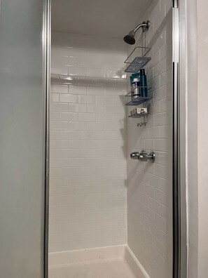 Shower, towels, soap, toilet paper - Comfy Garden Suite in Andersonville (Chicago)