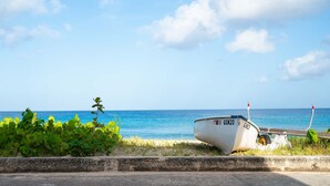 A boat named "GONZO" on a beach with clear blue water and a road in the foreground.