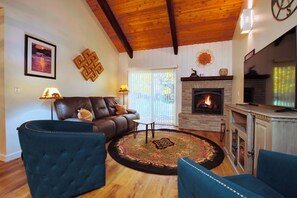 Smart TV, fireplace, books