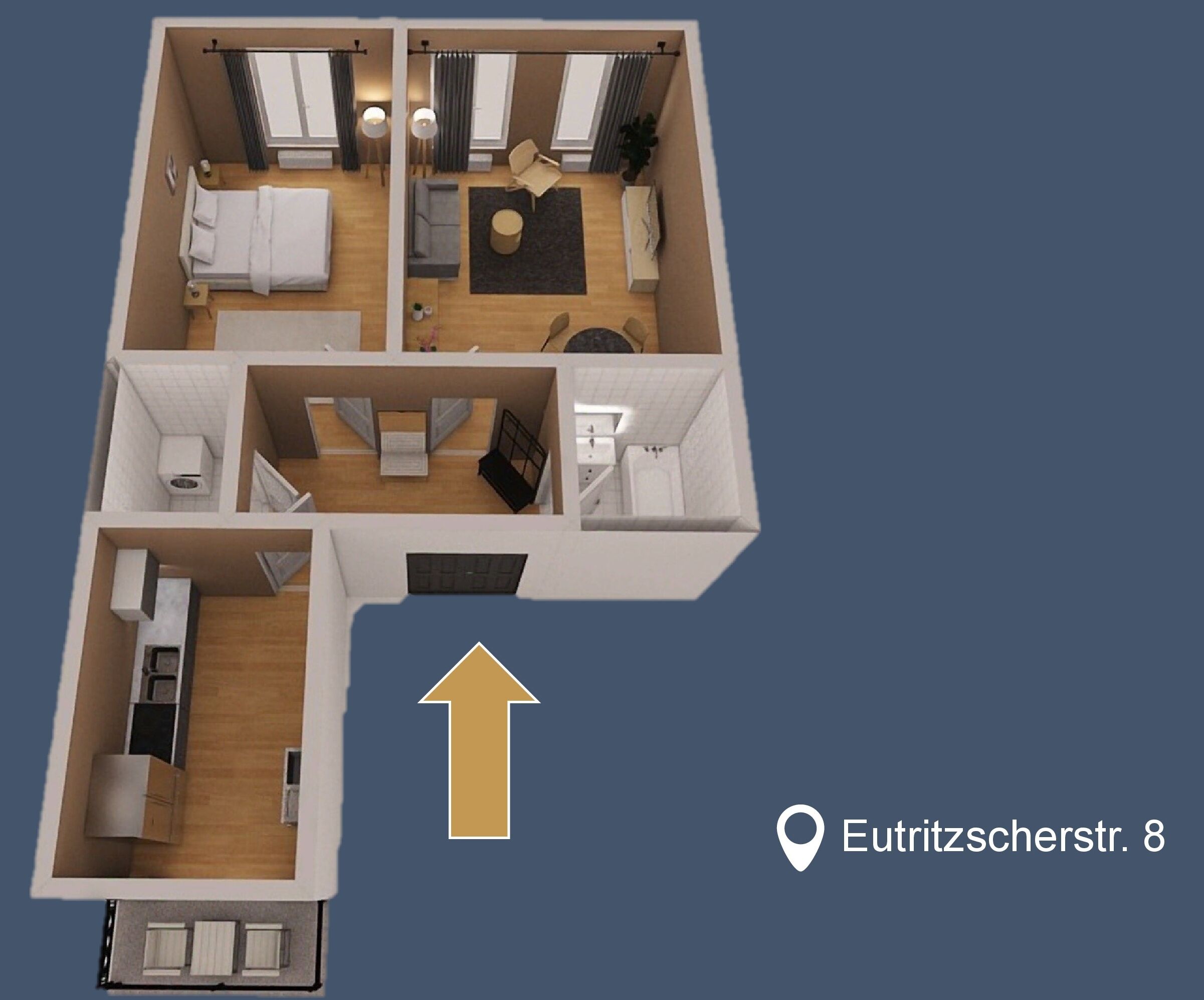 A 3D floor plan of a hotel room with a bed, a desk, a chair, a sofa, a small table, and a window.