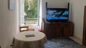 Huoneessa on seinälle asennettu televisio, ikkunasta avautuu näkymä vehreään maisemaan ja lattialla on rulla WC-paperia.