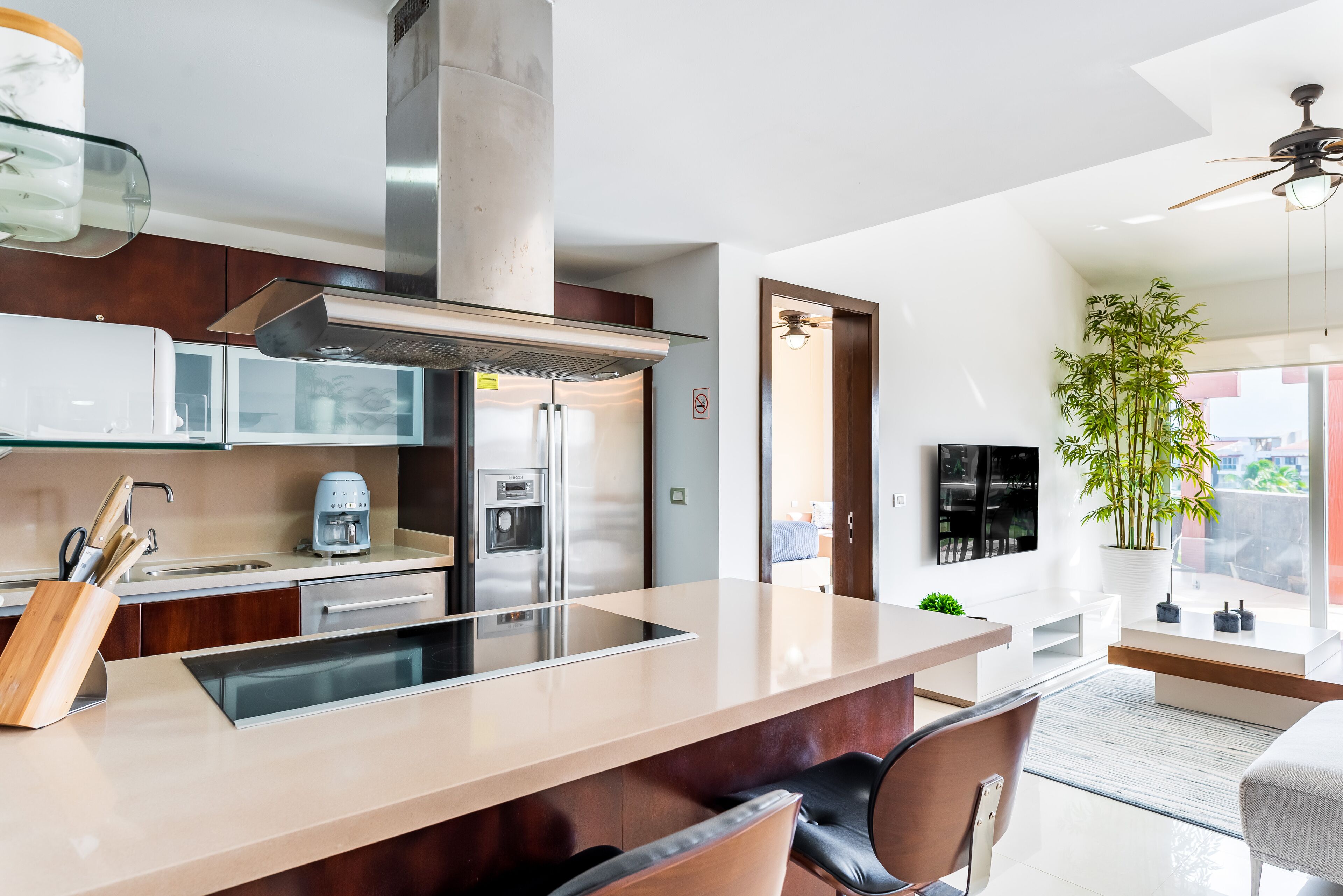 Una cucina moderna con isola centrale, elettrodomestici in acciaio inossidabile e zona pranzo con una pianta grande e una ventola a soffitto.