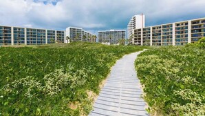 Un sendero que conduce a un moderno complejo de edificios con varios pisos y balcones.