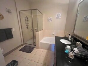 Bathtub, hair dryer, towels, soap