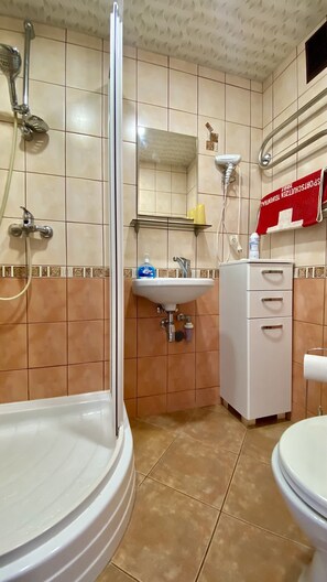 Combined shower/bathtub, hair dryer, towels, soap