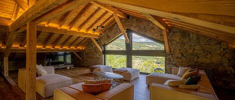 Télévision, cheminée, baby-foot, livres