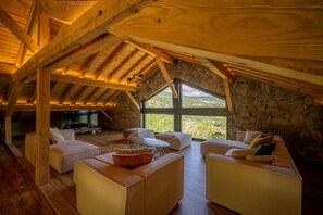 Télévision, cheminée, baby-foot, livres