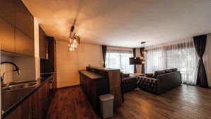 Una cucina moderna con piano cottura integrato, un'area pranzo con divano e televisore, e un soggiorno con un'ampia finestra.
